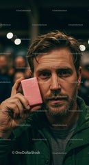Bearded Man Holding Pink Bar of Soap Indoors