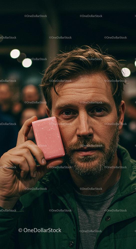 Bearded Man Holding Pink Bar of Soap Indoors