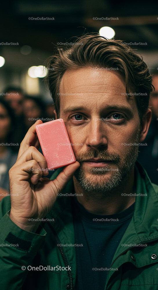 Man Holding Pink Soap in a Casual Setting