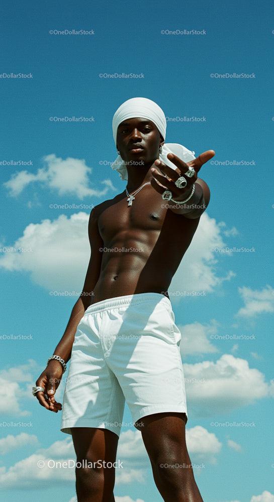 Confident Man in White Shorts Under Blue Sky