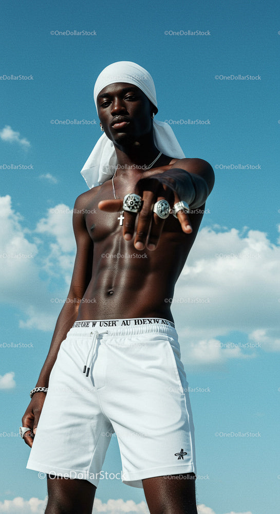 Confident Man in White Shorts and Headscarf on a Sunny Day