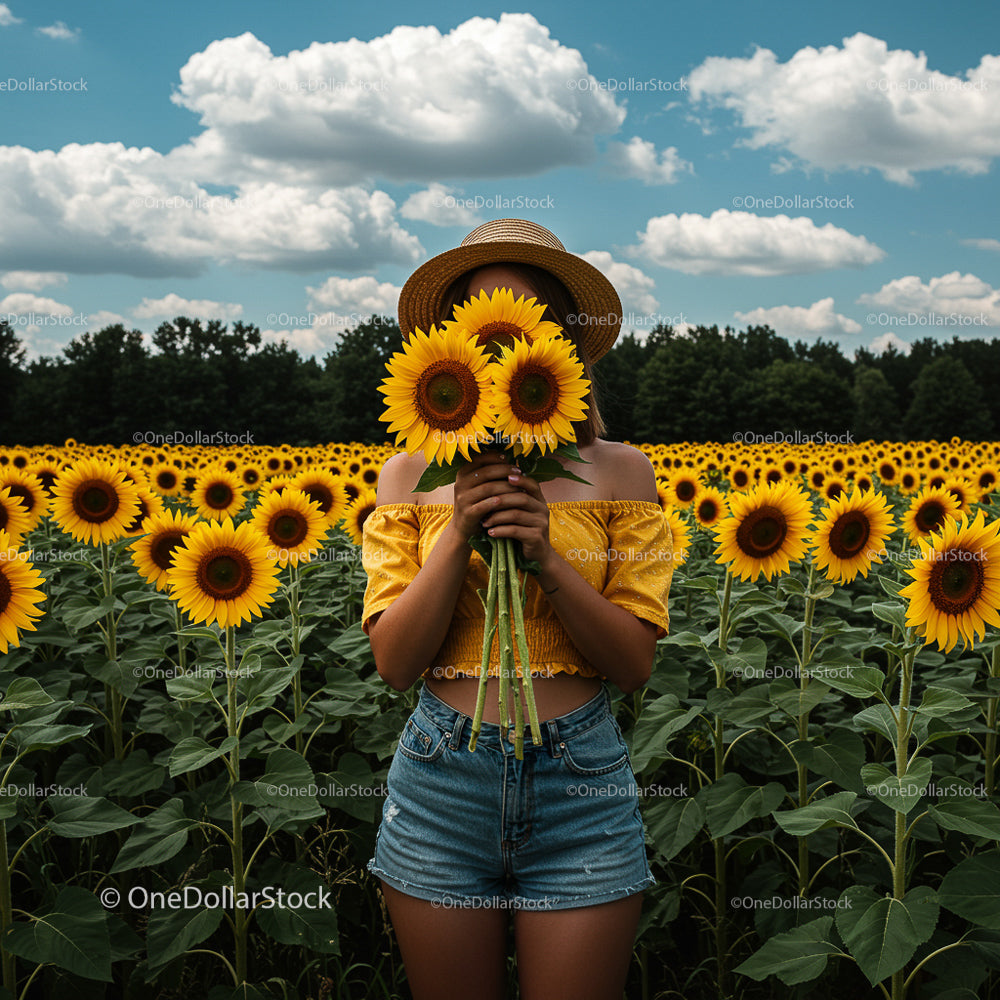 Woman in Sunflower Field Holding Bright Yellow Sunflowers