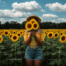 Woman in Sunflower Field Holding Bright Yellow Sunflowers