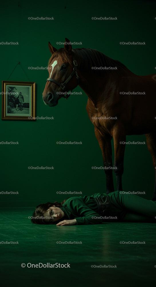 Horse and Woman in Green Surreal Studio Setting