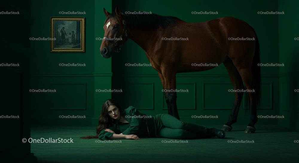 Elegant Woman in Green Beside Brown Horse in Mystical Room
