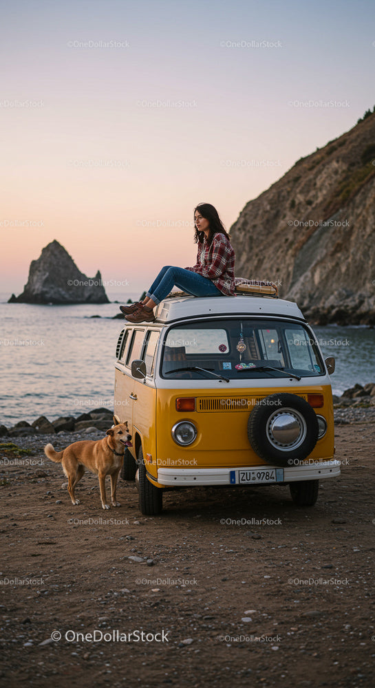 Woman Relaxing on Yellow Campervan at Scenic Sunset Coast