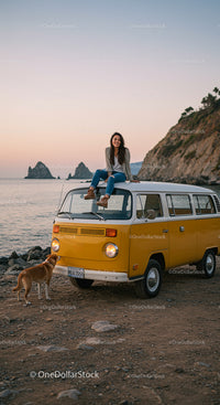 Woman Relaxing on Yellow Van by Scenic Sunset Beach