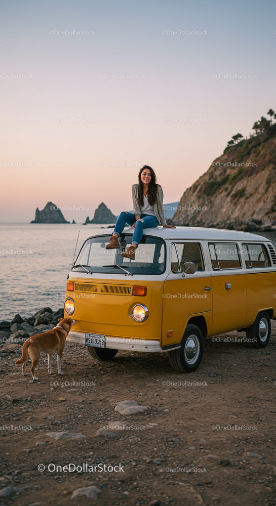 Woman Relaxing on Yellow Van by Scenic Sunset Beach