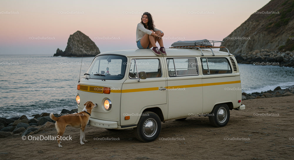 Young Woman and Dog Enjoying Sunset by Vintage Van