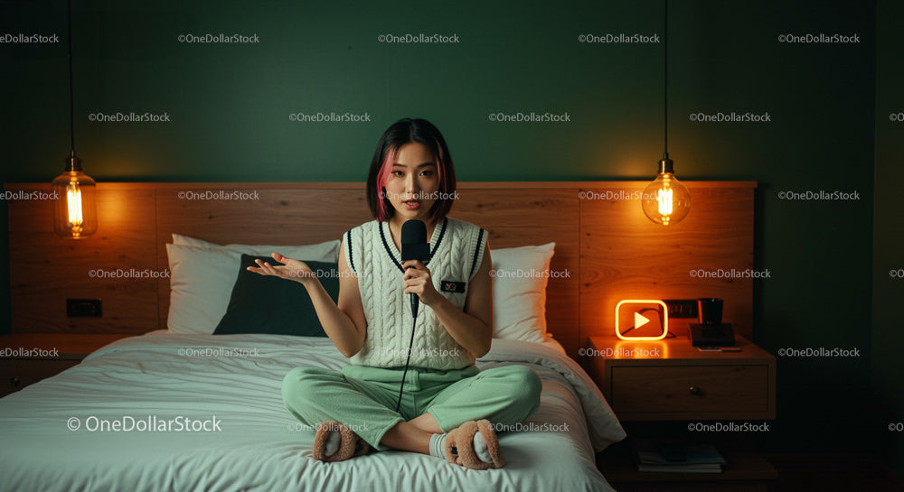 Woman Recording Podcast in Cozy Bedroom with Ambient Lighting