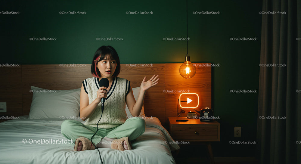 Young Woman Podcasting from Cozy Bedroom