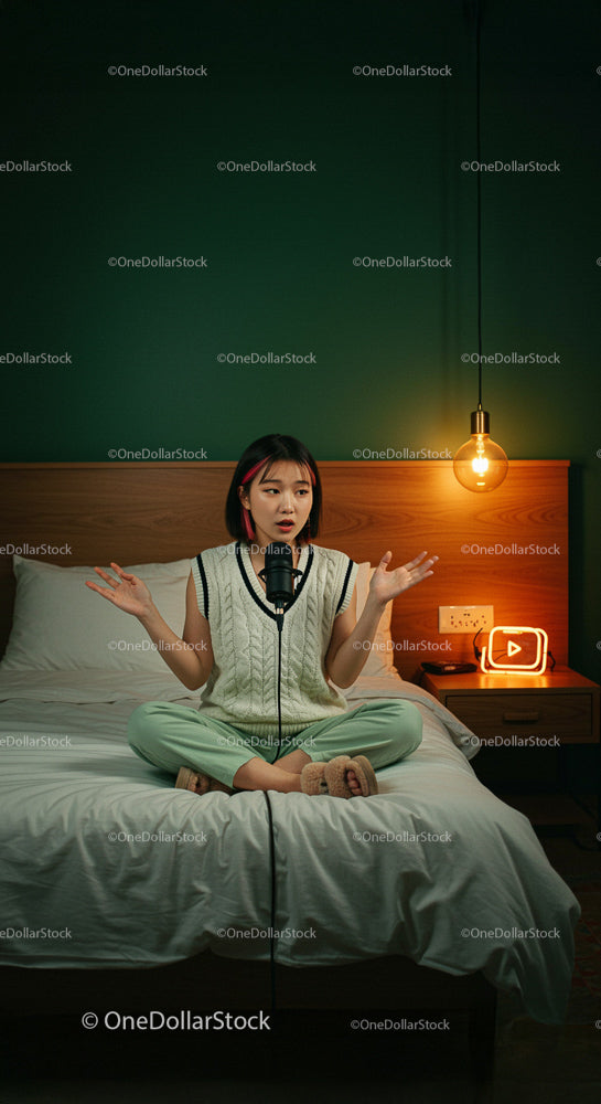 Young Woman Recording Podcast in Cozy Bedroom Setting