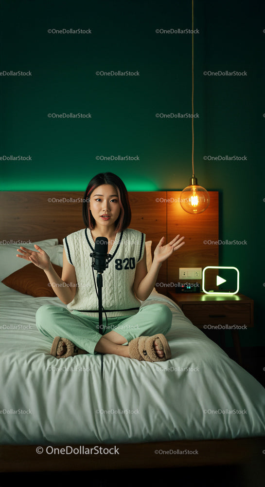 Young Woman Podcasting Comfortably in Modern Bedroom Setup