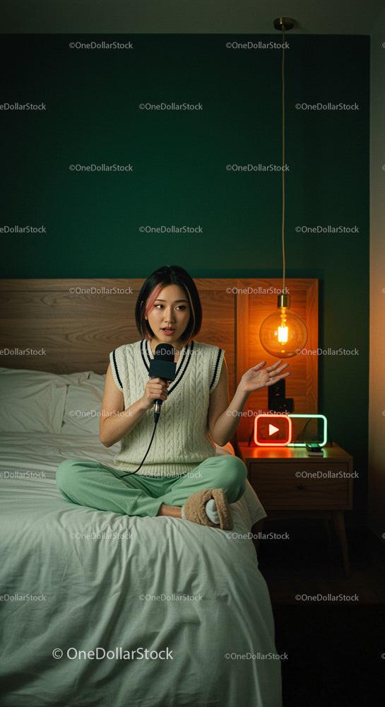 Woman Podcasting in Cozy Bedroom with Modern Decor