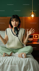 Female Podcaster in Cozy Home Studio Setting