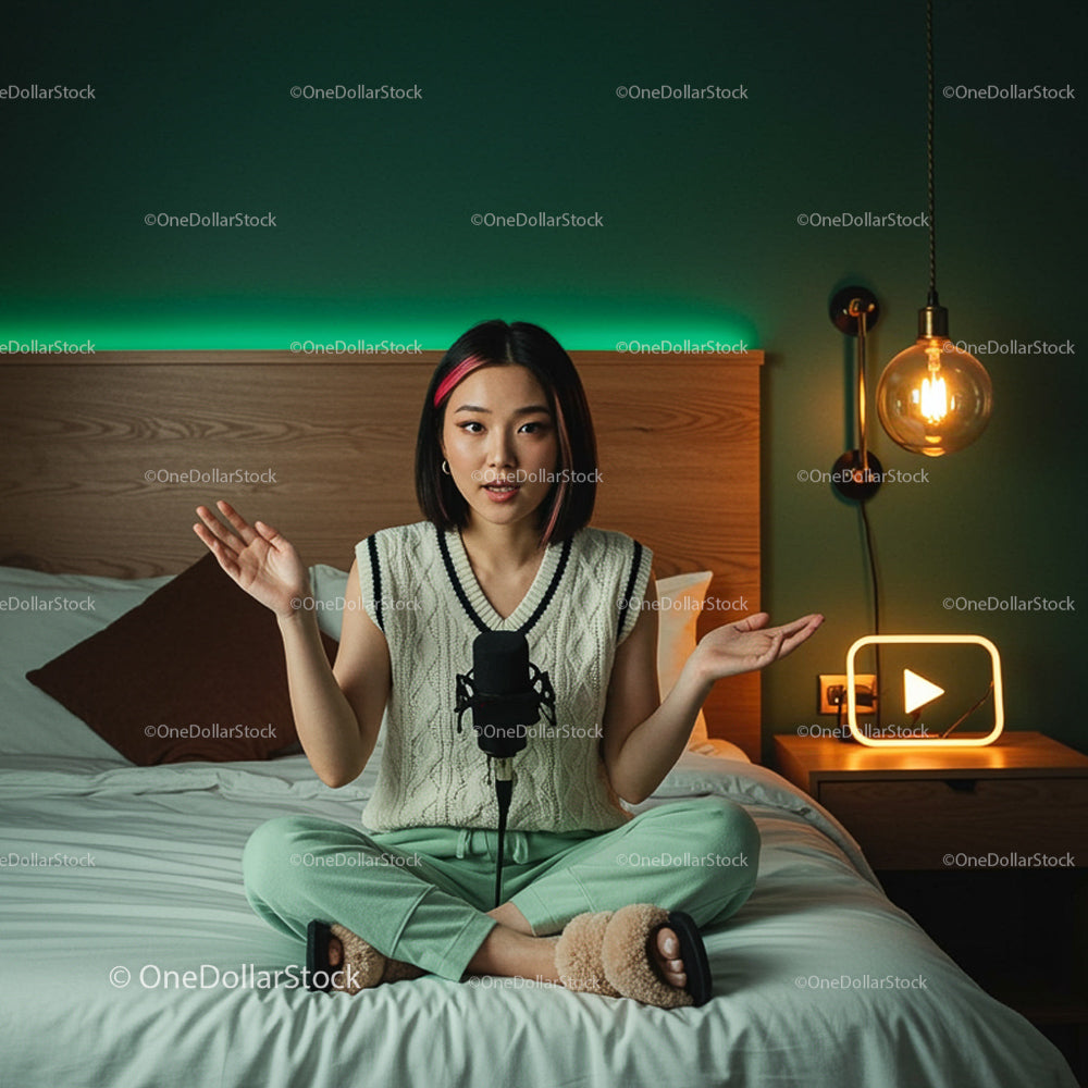 Asian Woman Podcasting in Cozy Bedroom Setup