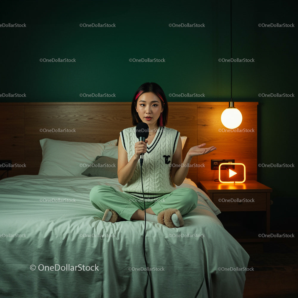 Woman Recording Podcast in Cozy Bedroom Setting