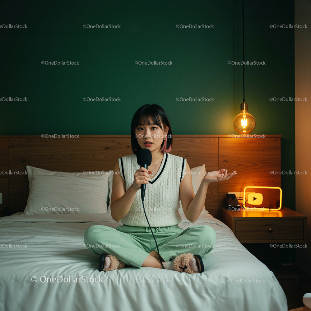 Young Woman Podcasting in Cozy Bedroom with Green Wall