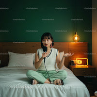 Young Woman Podcasting in Cozy Bedroom with Green Wall
