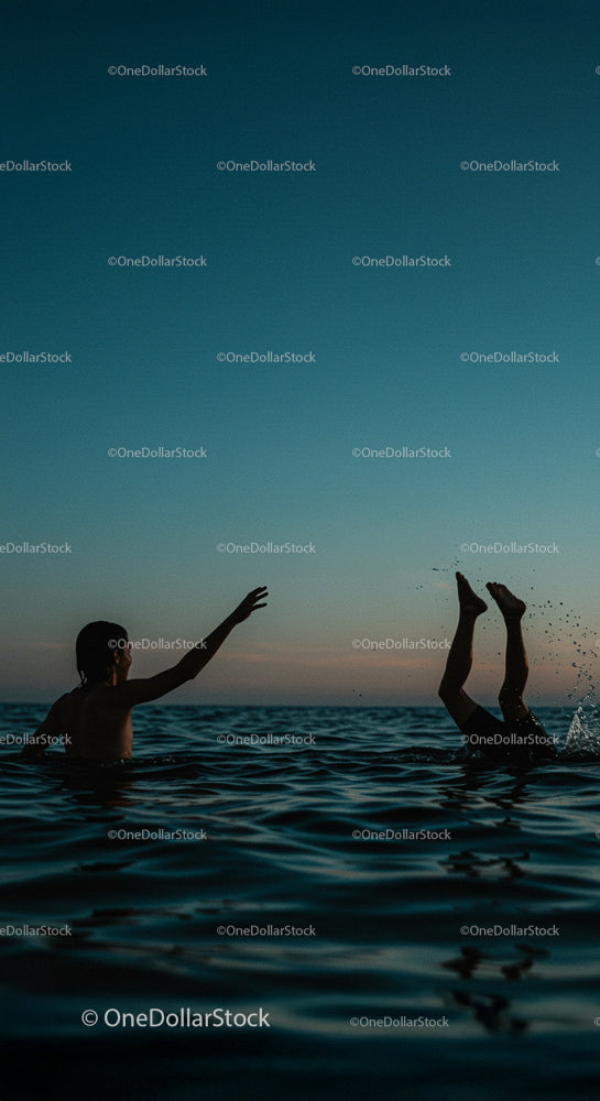 Silhouettes Playing in Ocean at Sunset