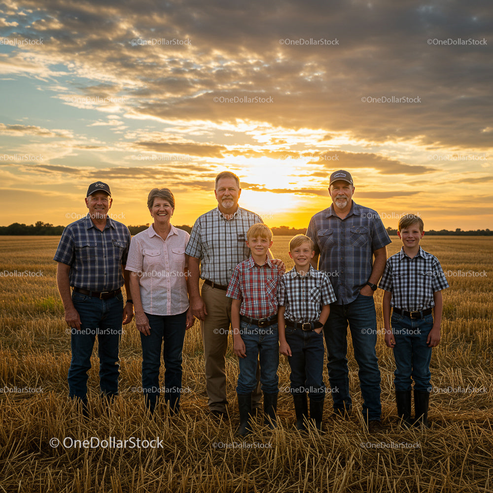 Family Gathering at Sunset in a Rural Wheat Field