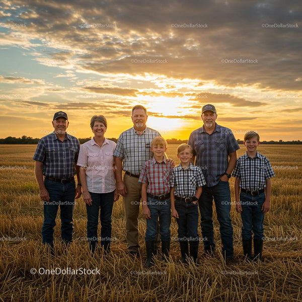 Family Gathering at Sunset in a Rural Wheat Field