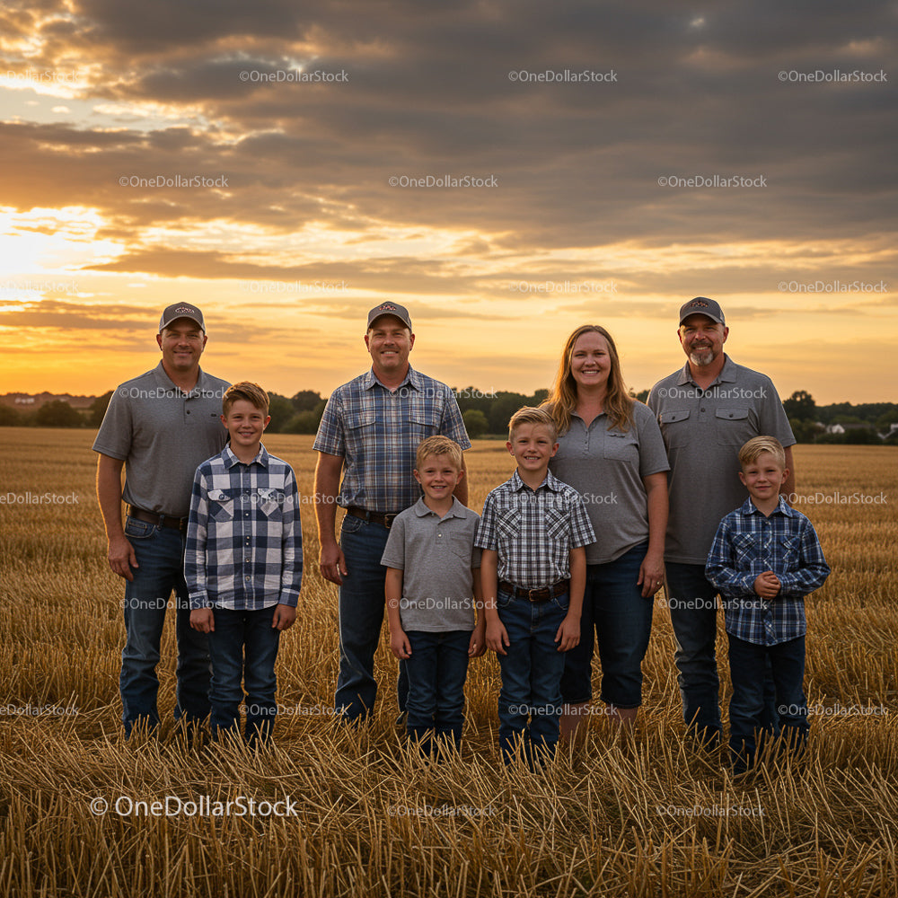 Smiling Family in Wheat Field at Sunset