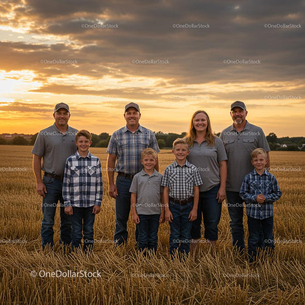 Smiling Family in Wheat Field at Sunset