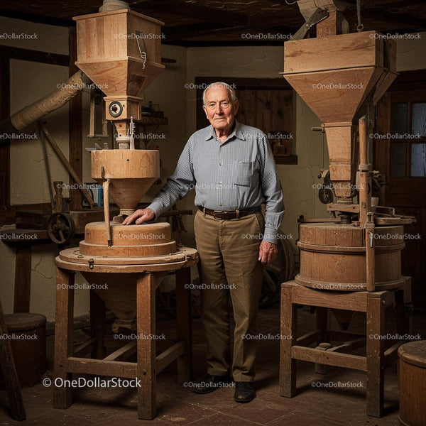 Elderly Man with Rustic Wooden Grain Mill in Historical Workshop