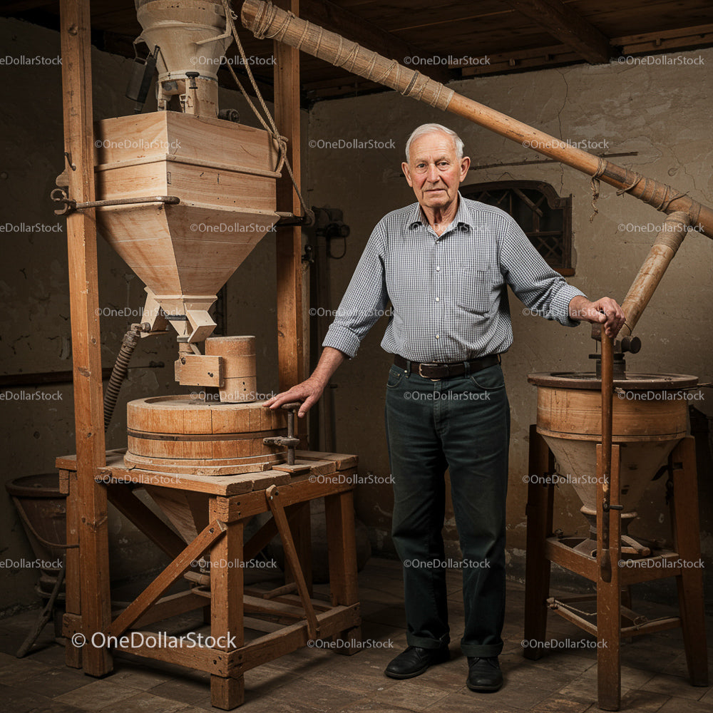 Elderly Man in Traditional Wooden Mill Workshop