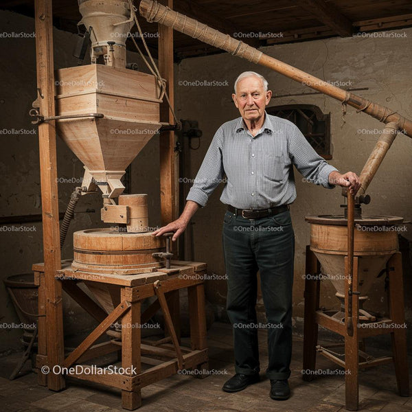 Elderly Man in Traditional Wooden Mill Workshop