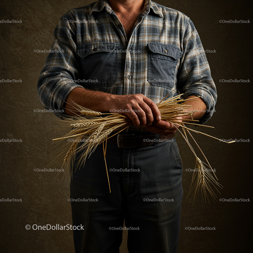 Farmer Holding Wheat in Plaid Shirt