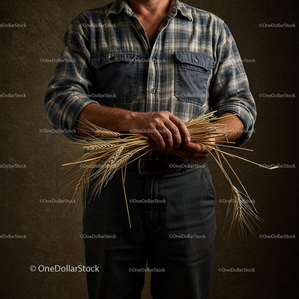 Farmer Holding Wheat in Plaid Shirt