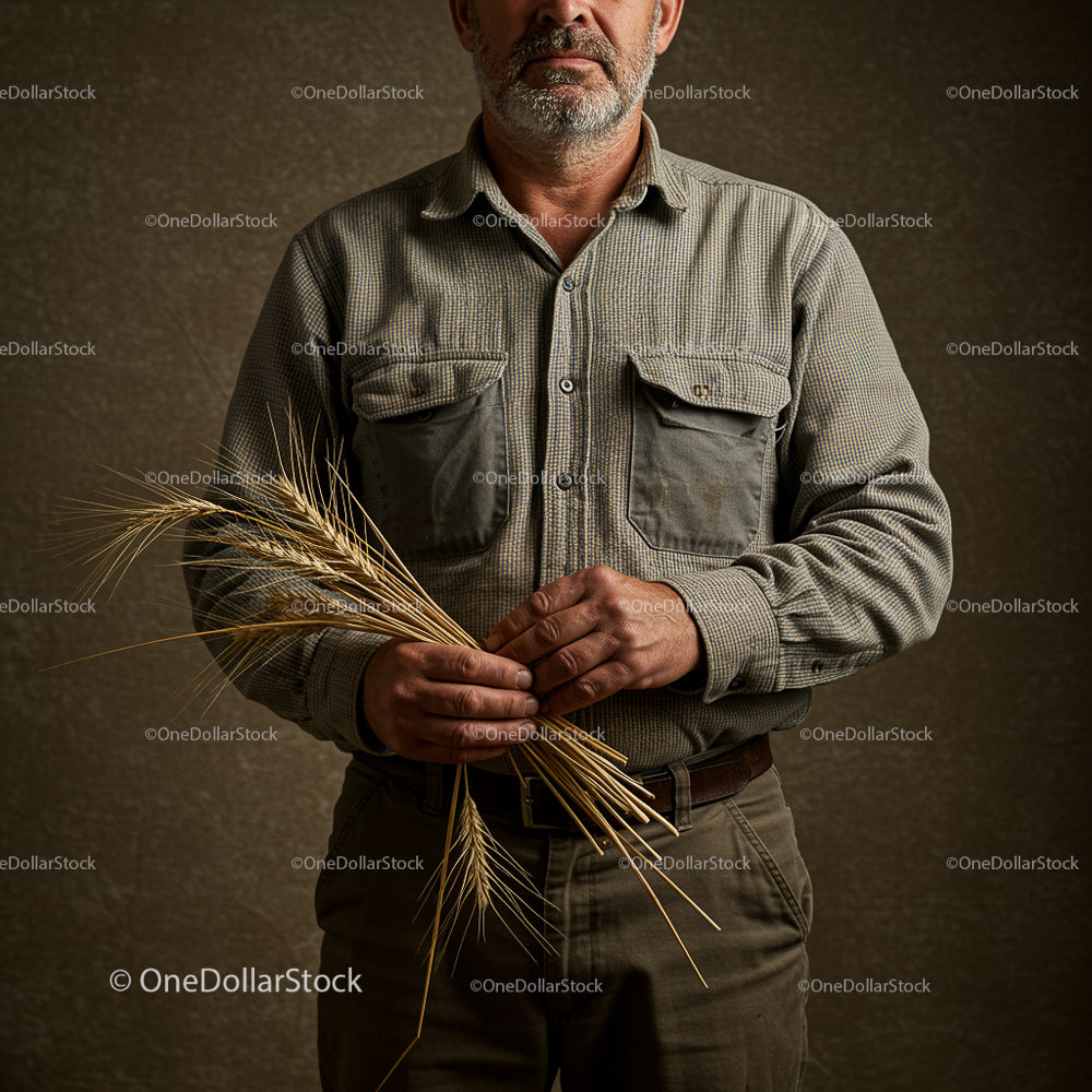 Mature Farmer Holding Wheat Stalks in Rural Setting