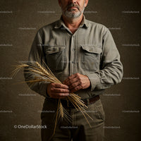 Mature Farmer Holding Wheat Stalks in Rural Setting