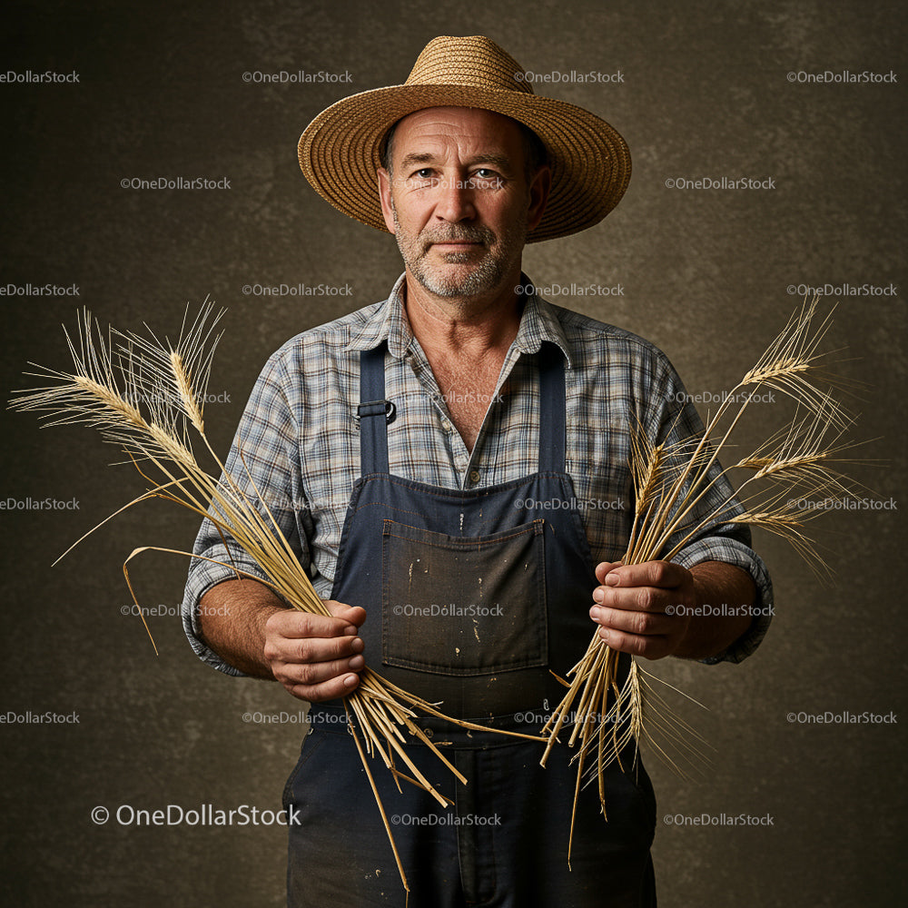 Mature Farmer Holding Wheat Stalks in Straw Hat
