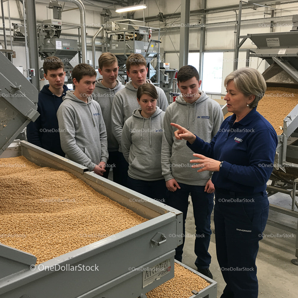 Students Learning Grain Processing in Factory