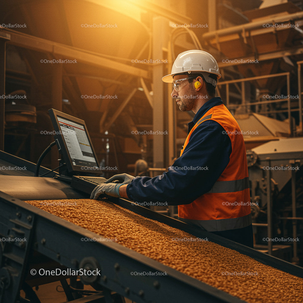 Industrial Worker Managing Grain Processing in Factory