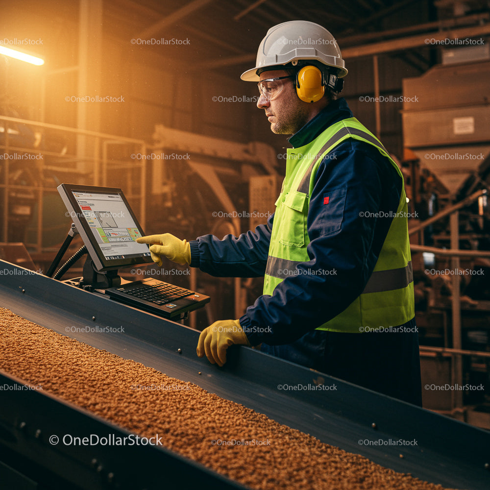 Factory Worker Operating Machinery on Production Line