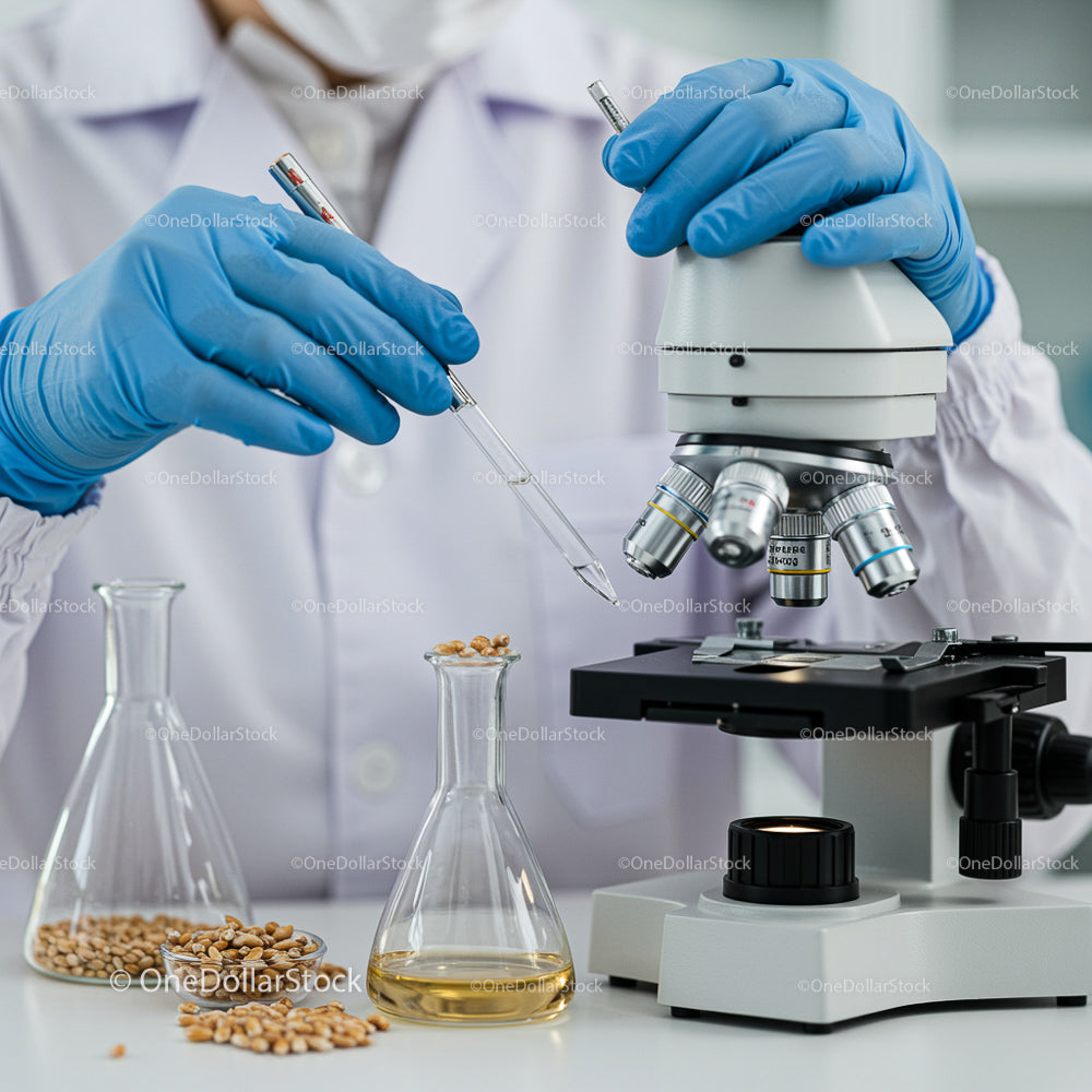 Scientist Conducting Research with Microscope and Seeds in Lab