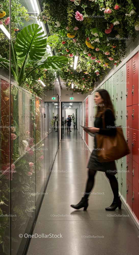 Woman Walking Through a Modern Office Hallway with Lush Plants