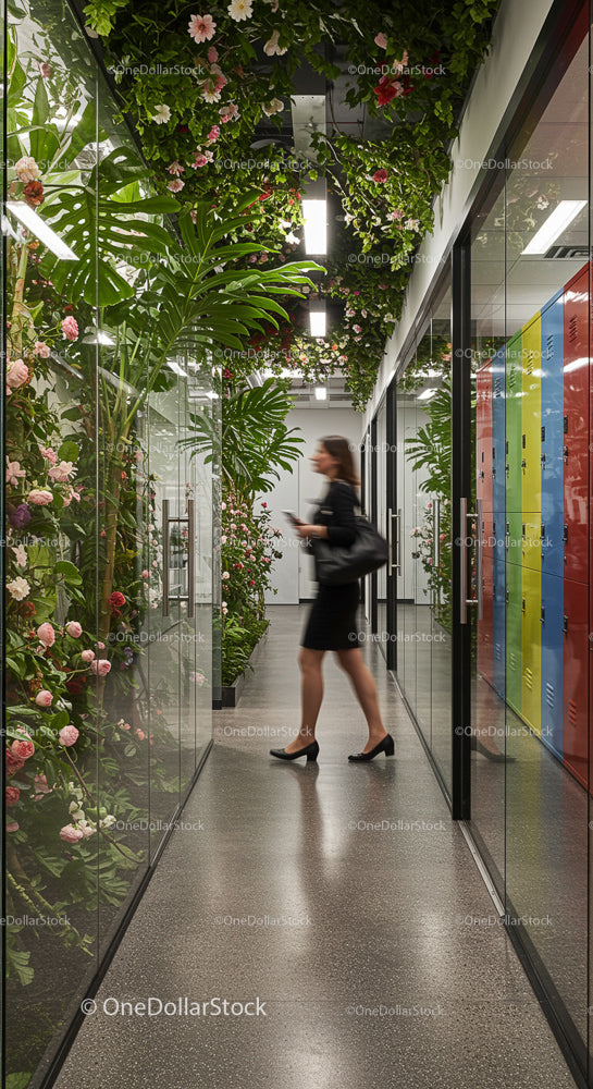 Businesswoman Walking Through Modern Office with Vertical Garden