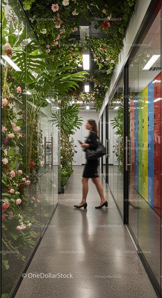 Businesswoman Walking Through Modern Office with Vertical Garden