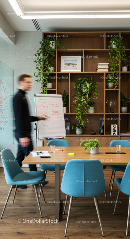 Modern Office with Indoor Plants and Blue Conference Chairs