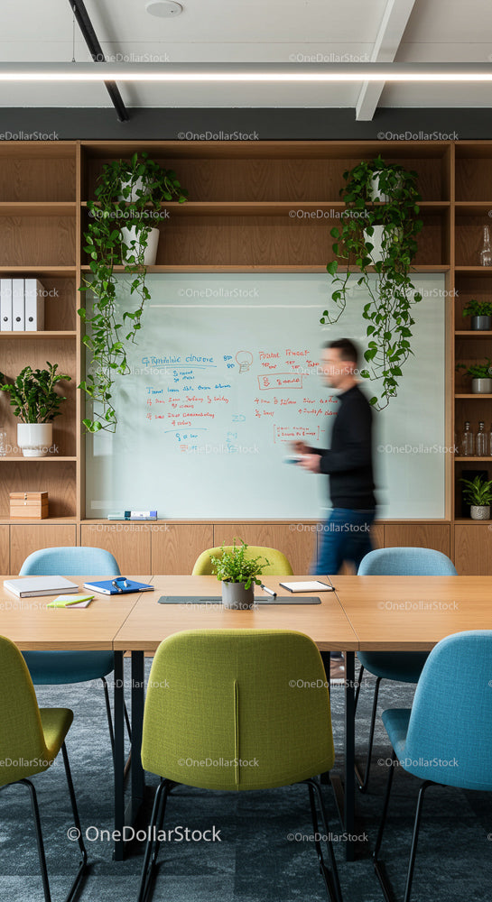 Modern Office with Whiteboard and Indoor Plants