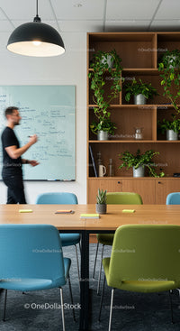 Contemporary Office with Indoor Plants and Whiteboard