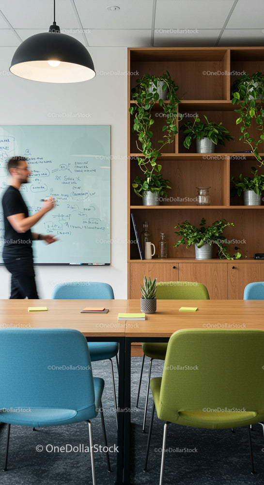 Contemporary Office with Indoor Plants and Whiteboard