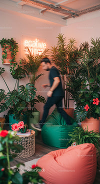 Man in Creative Office Surrounded by Lush Greenery