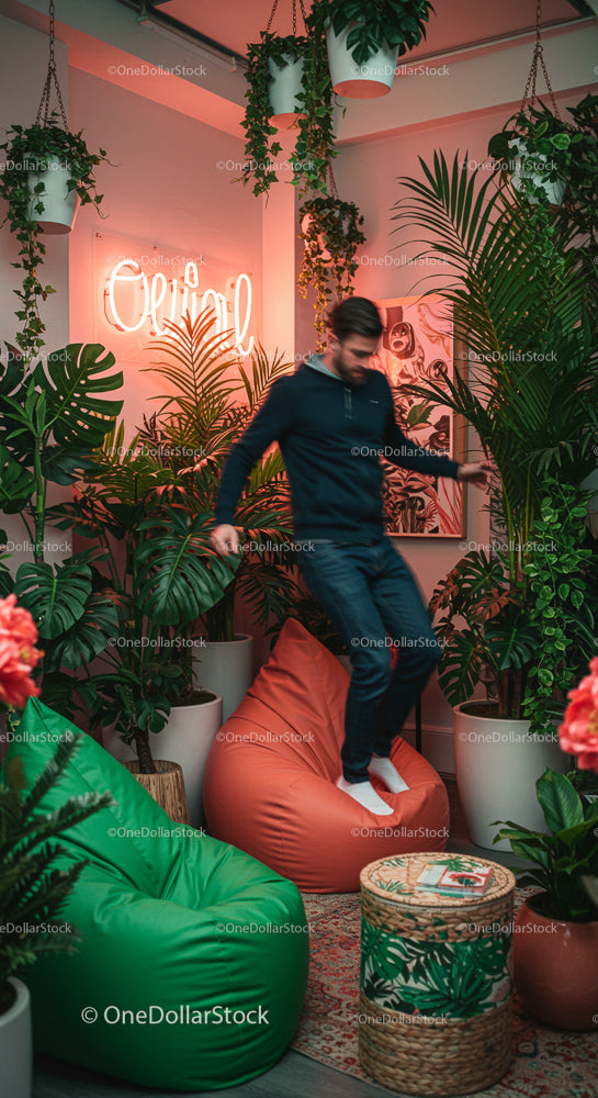 Man Relaxing Among Vibrant Indoor Plants and Bean Bags