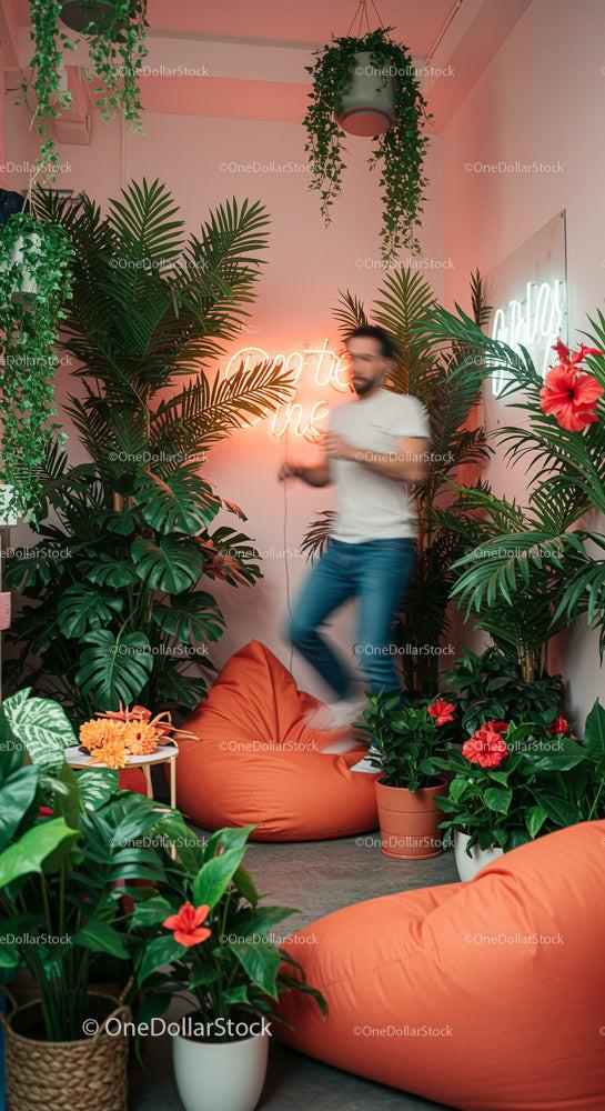 Modern Urban Jungle with Lush Greenery and Neon Lights
